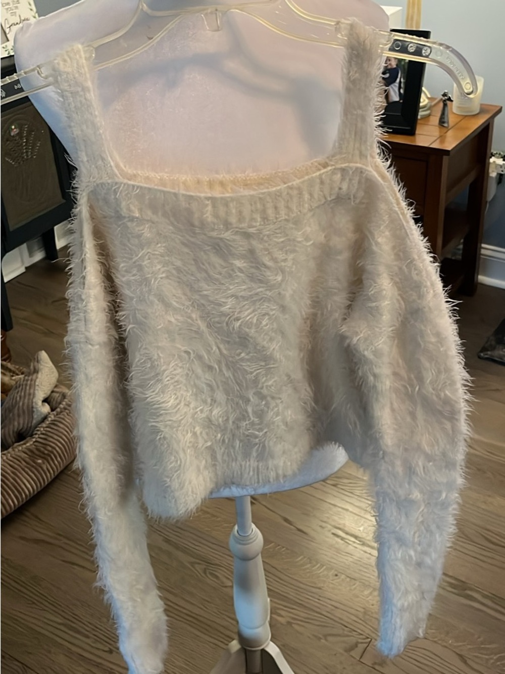 BB Dakota Cream Fuzzy Off-Shoulder Sweater with Strap Detail